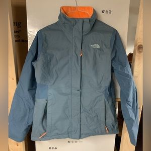 The North Face jacket, blue, orange fuzzy interior, no hood, size medium